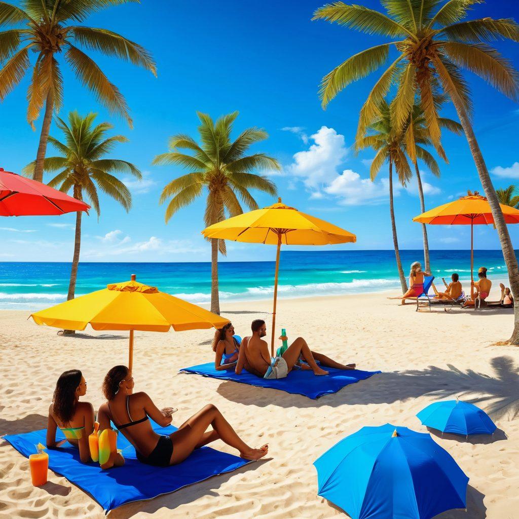 A vibrant beach scene showcasing a diverse group of fashionable individuals wearing trendy swimwear, lounging under colorful umbrellas, playing beach volleyball, and enjoying refreshing beverages. Sunlight glistening on the ocean waves in the background, with tropical palm trees swaying. The atmosphere is lively and full of summer energy. super-realistic. vibrant colors. bright blue sky.